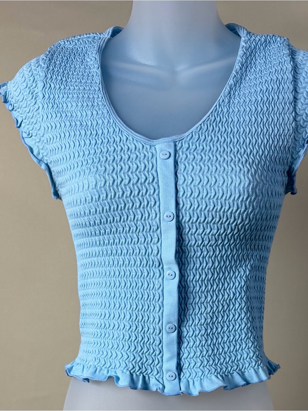 Light Blue Smocked Button-Up Crop Top